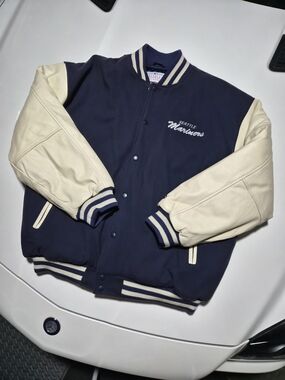 Seattle Mariners Puma Navy and Cream Varsity Bomber Jacket